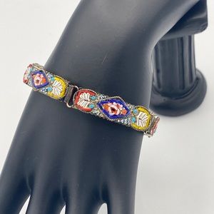 Vintage Italian Floral Micromosaic Gold Tone Link Bracelet